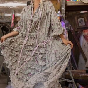 Magnolia Pearl Floral Ruffle Midi Dress in Cream and Pink